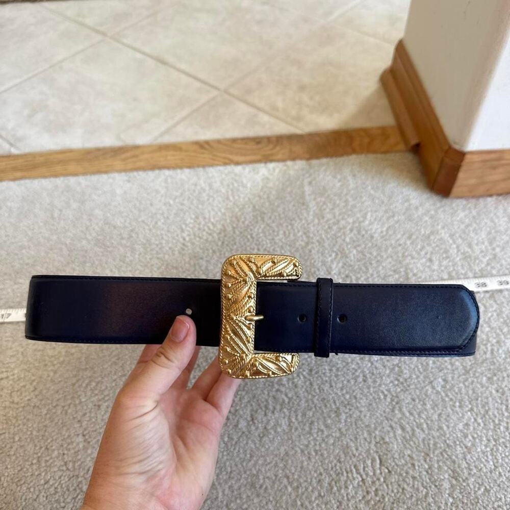 VTG chunky gold buckle navy blue leather belt liz Claiborne M